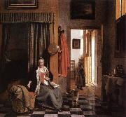 HOOCH, Pieter de Mother Lacing Her Bodice beside a Cradle s oil painting reproduction